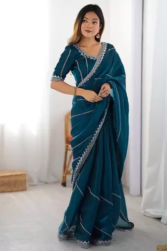 Blue floral embellished sequinned tissue saree