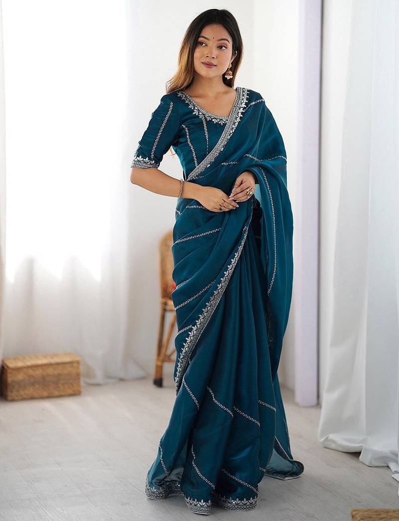 Blue floral embellished sequinned tissue saree