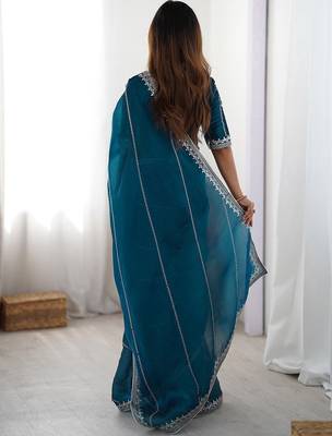 Blue floral embellished sequinned tissue saree 4