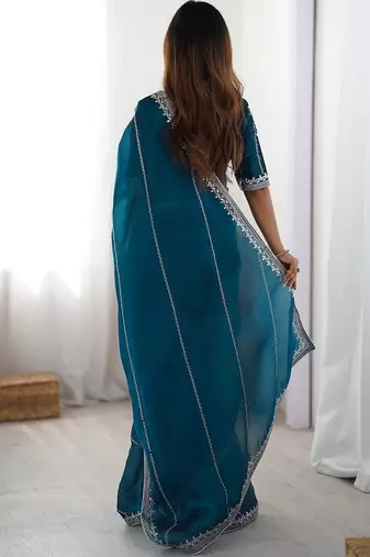 Blue floral embellished sequinned tissue saree