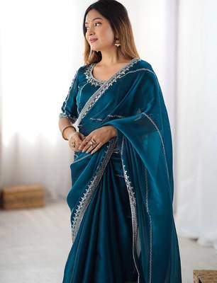 Blue floral embellished sequinned tissue saree 5