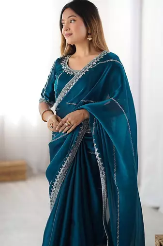 Blue floral embellished sequinned tissue saree