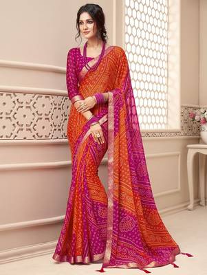 Pink bandhani poly chiffon fusion bandhani saree 1