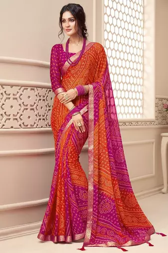 Pink bandhani poly chiffon fusion bandhani saree
