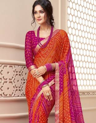 Pink bandhani poly chiffon fusion bandhani saree 2