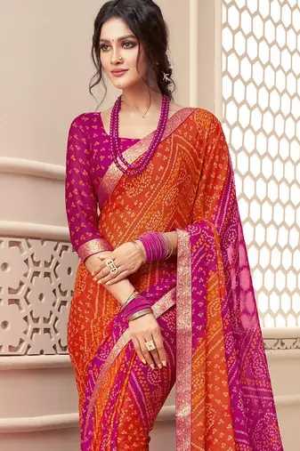 Pink bandhani poly chiffon fusion bandhani saree