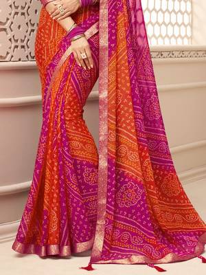 Pink bandhani poly chiffon fusion bandhani saree 3