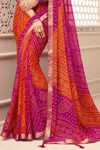 Pink bandhani poly chiffon fusion bandhani saree