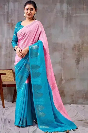 Pink zari woven  chiffon saree with designer blouse