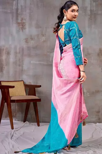 Pink zari woven  chiffon saree with designer blouse