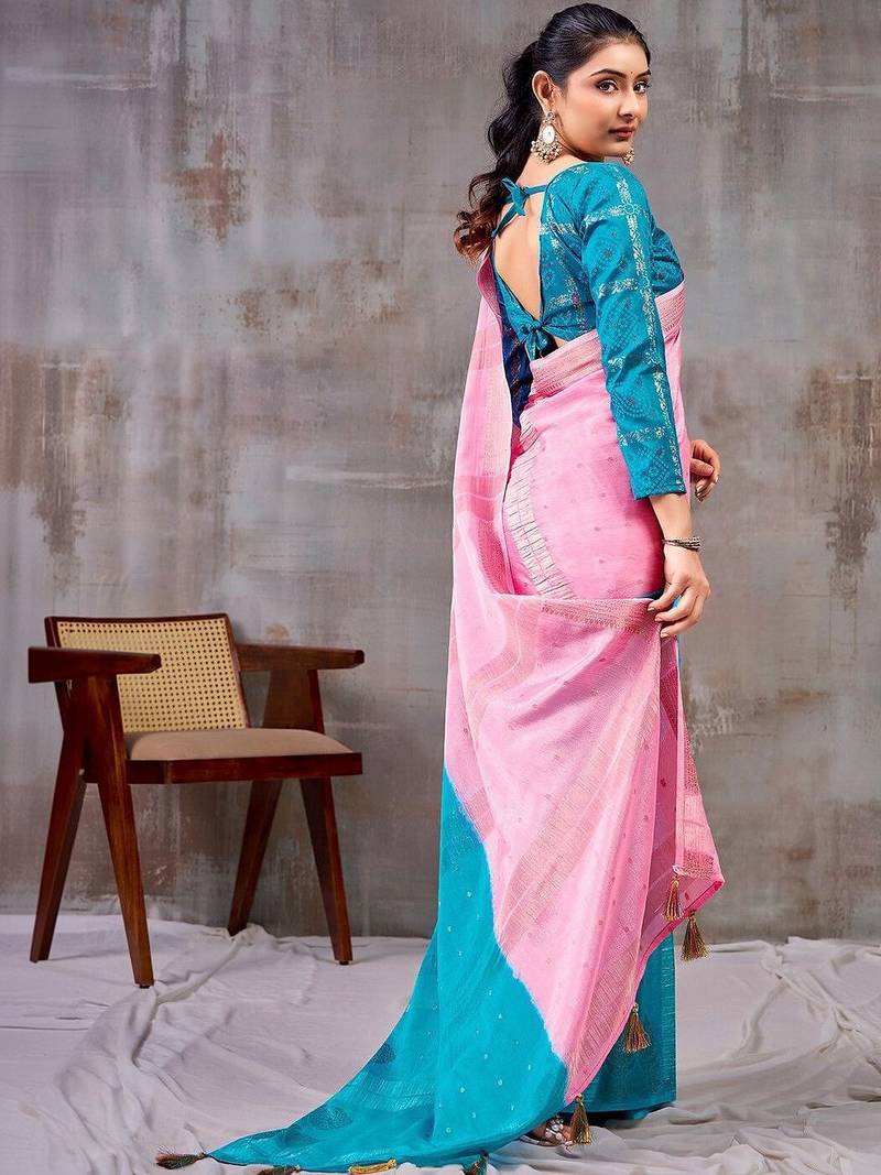 Pink zari woven  chiffon saree with designer blouse