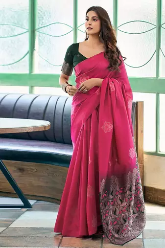 Pink woven design zari silk blend banarasi saree