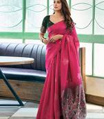 Pink woven design zari silk blend banarasi saree