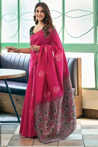 Pink woven design zari silk blend banarasi saree