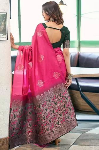 Pink woven design zari silk blend banarasi saree