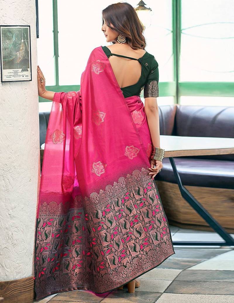 Pink woven design zari silk blend banarasi saree