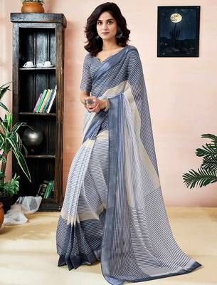 Blue women striped  linen saree 1