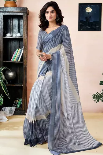 Blue women striped  linen saree
