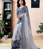 Blue women striped  linen saree