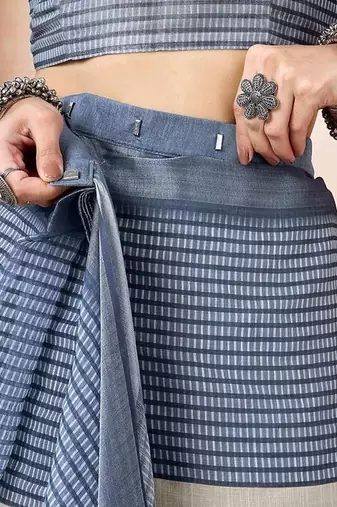 Blue women striped  linen saree