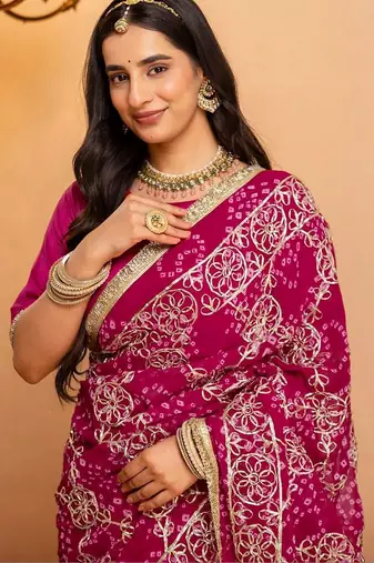 Pink bandhani gotta patti  georgette saree