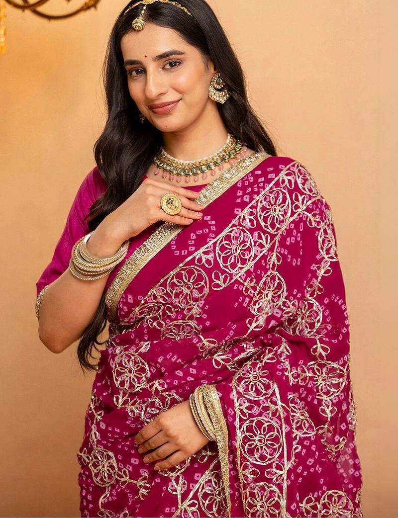 Pink bandhani gotta patti  georgette saree