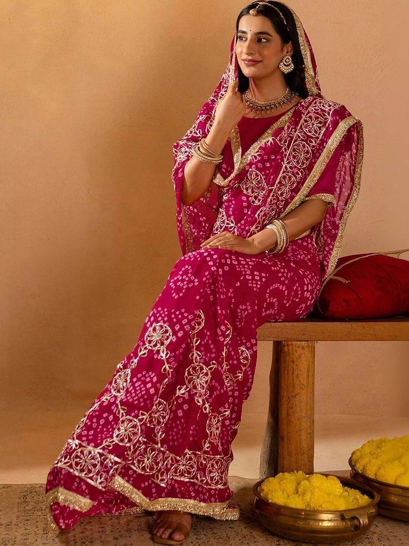 Pink bandhani gotta patti  georgette saree