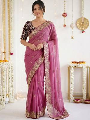 Pink embellished embroidered georgette saree with designer blouse 1