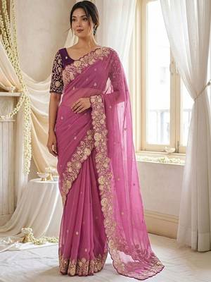 Pink embellished embroidered georgette saree with designer blouse 2