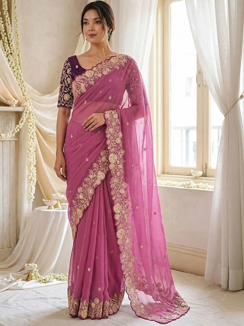 Pink embellished embroidered georgette saree with designer blouse