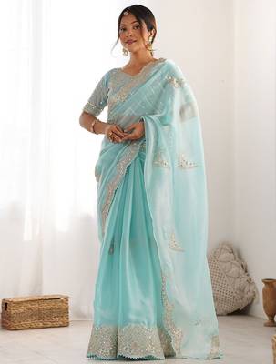 Blue embellished sequinned organza saree 1