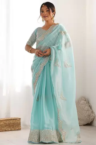Blue embellished sequinned organza saree