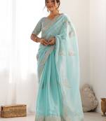 Blue embellished sequinned organza saree