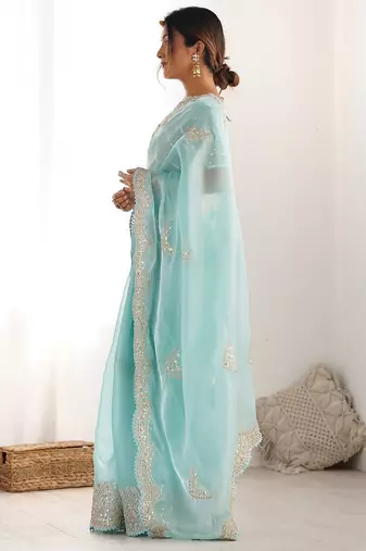 Blue embellished sequinned organza saree