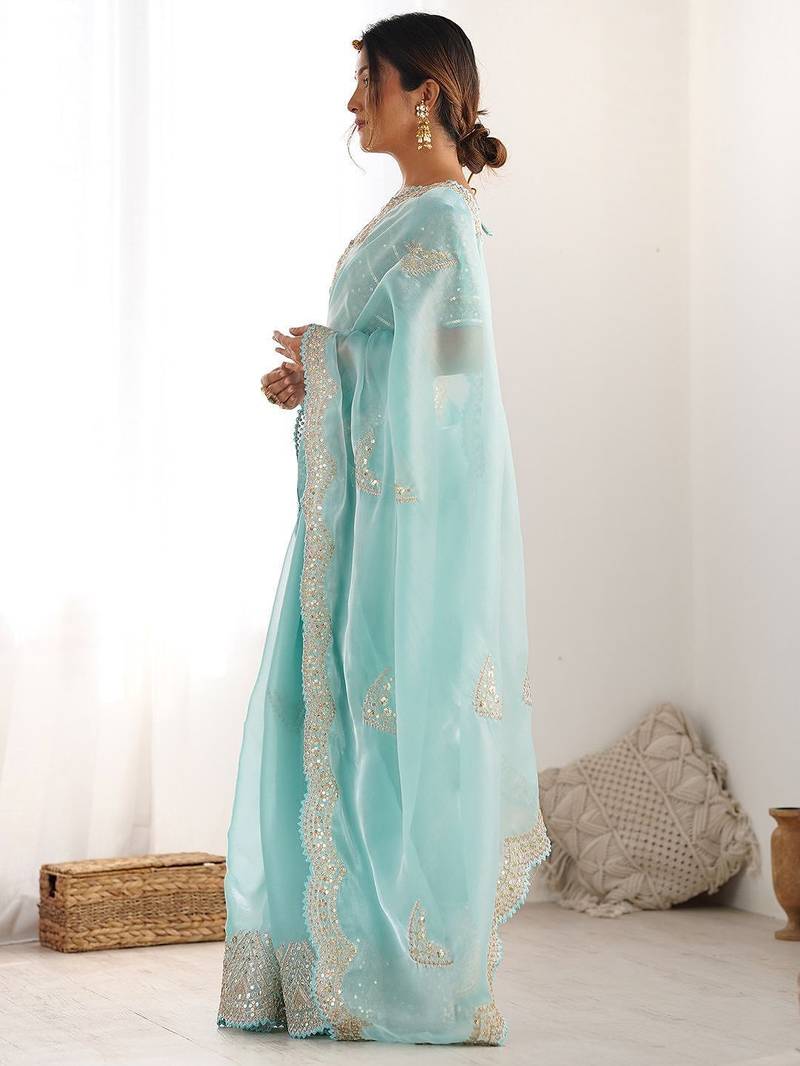 Blue embellished sequinned organza saree