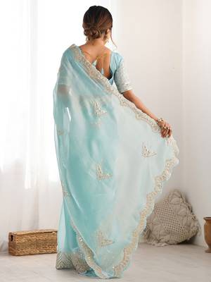 Blue embellished sequinned organza saree 3