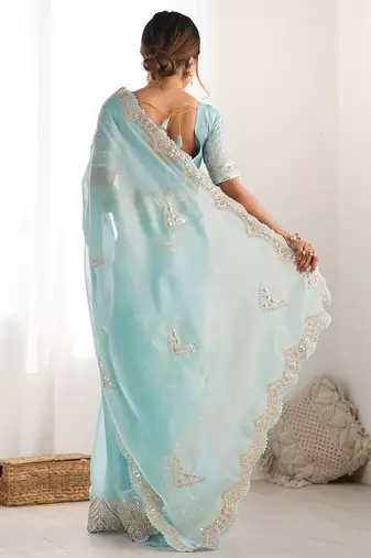 Blue embellished sequinned organza saree