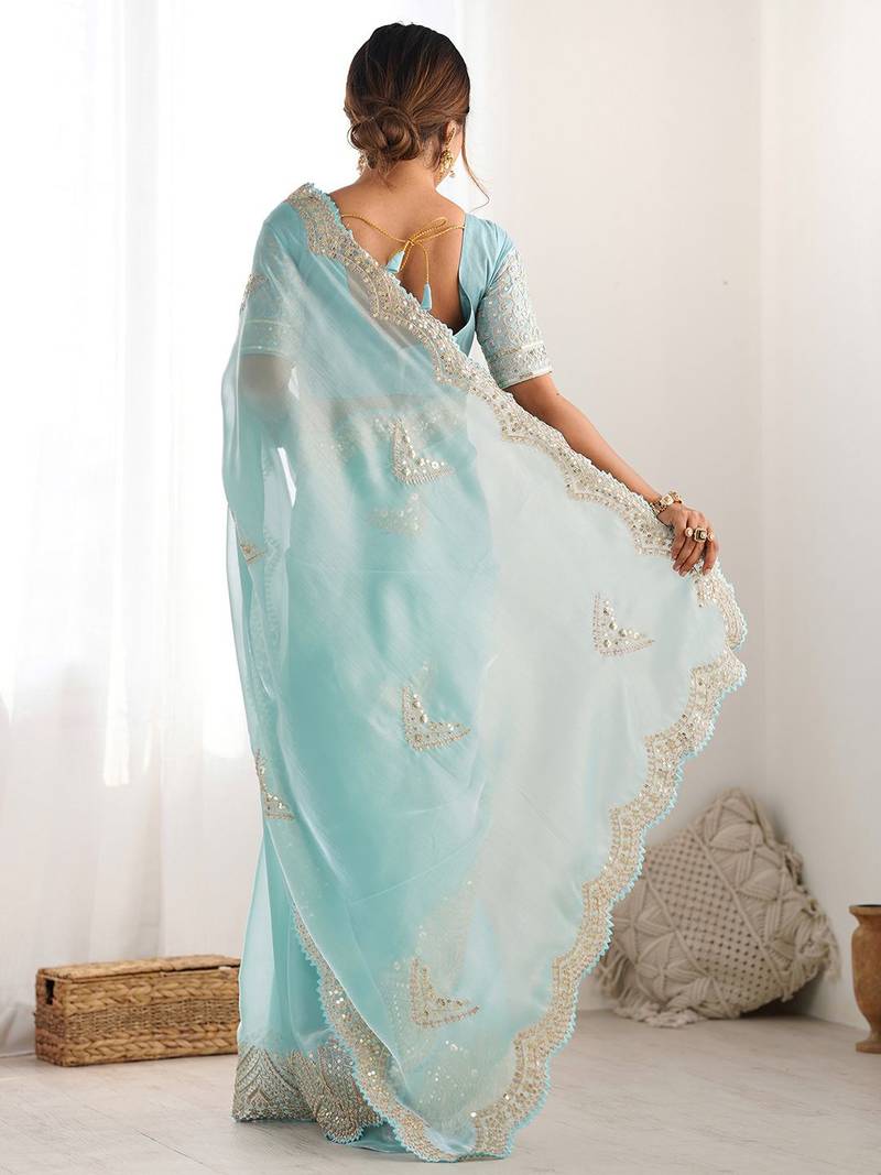 Blue embellished sequinned organza saree