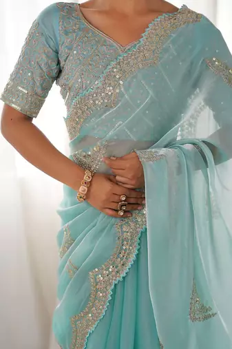 Blue embellished sequinned organza saree