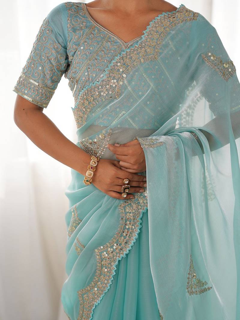 Blue embellished sequinned organza saree