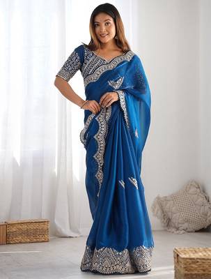 Blue embellished sequinned organza heavy work saree 1
