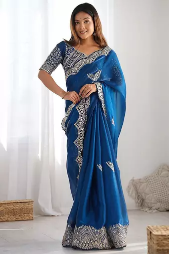 Blue embellished sequinned organza heavy work saree