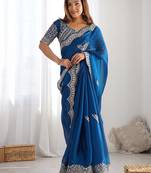 Blue embellished sequinned organza heavy work saree