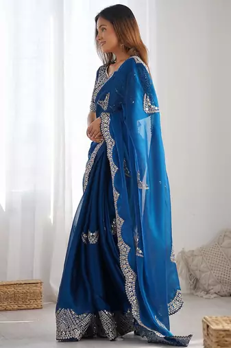 Blue embellished sequinned organza heavy work saree
