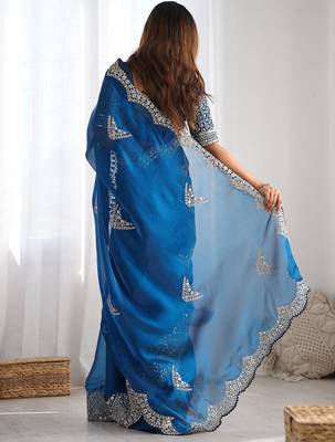 Blue embellished sequinned organza heavy work saree 3