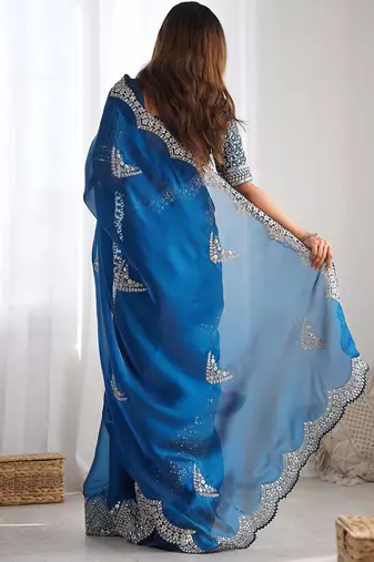 Blue embellished sequinned organza heavy work saree