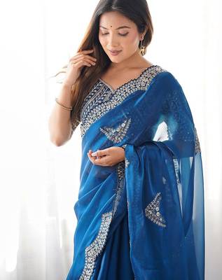 Blue embellished sequinned organza heavy work saree 4
