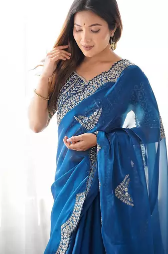 Blue embellished sequinned organza heavy work saree