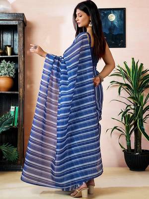 Blue striped printed ready to wear saree 2