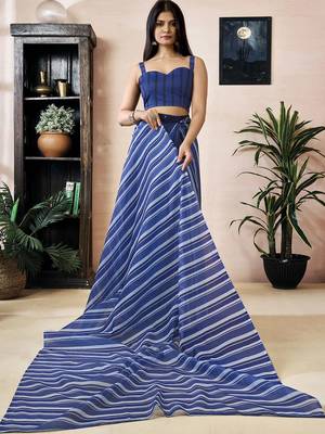 Blue striped printed ready to wear saree 3